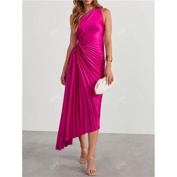 NEW - Elegant Asymmetrical Neck Asymmetrical Hem Satin Cocktail Fucsia Dress - Picture 4 of 8